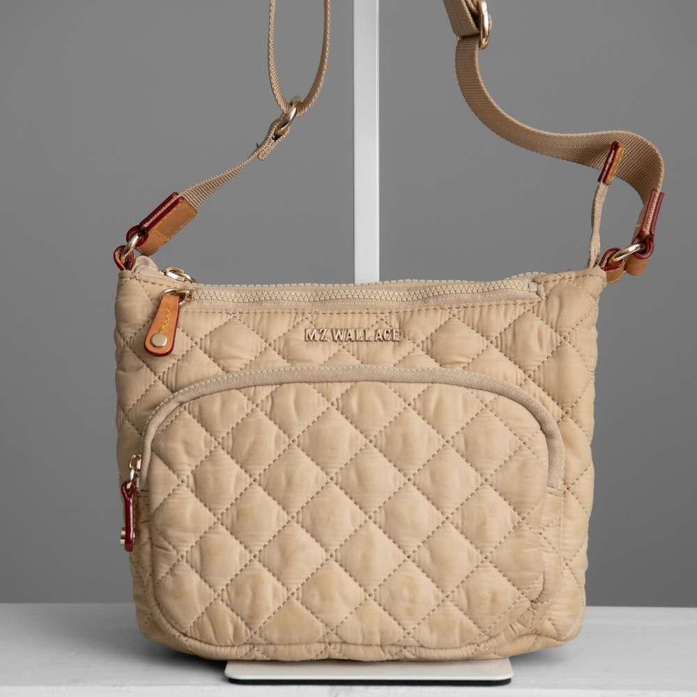 MZ Wallace Quilted Nylon Crossbody Bag Neutral Beige Adjustable Strap Minimalist
